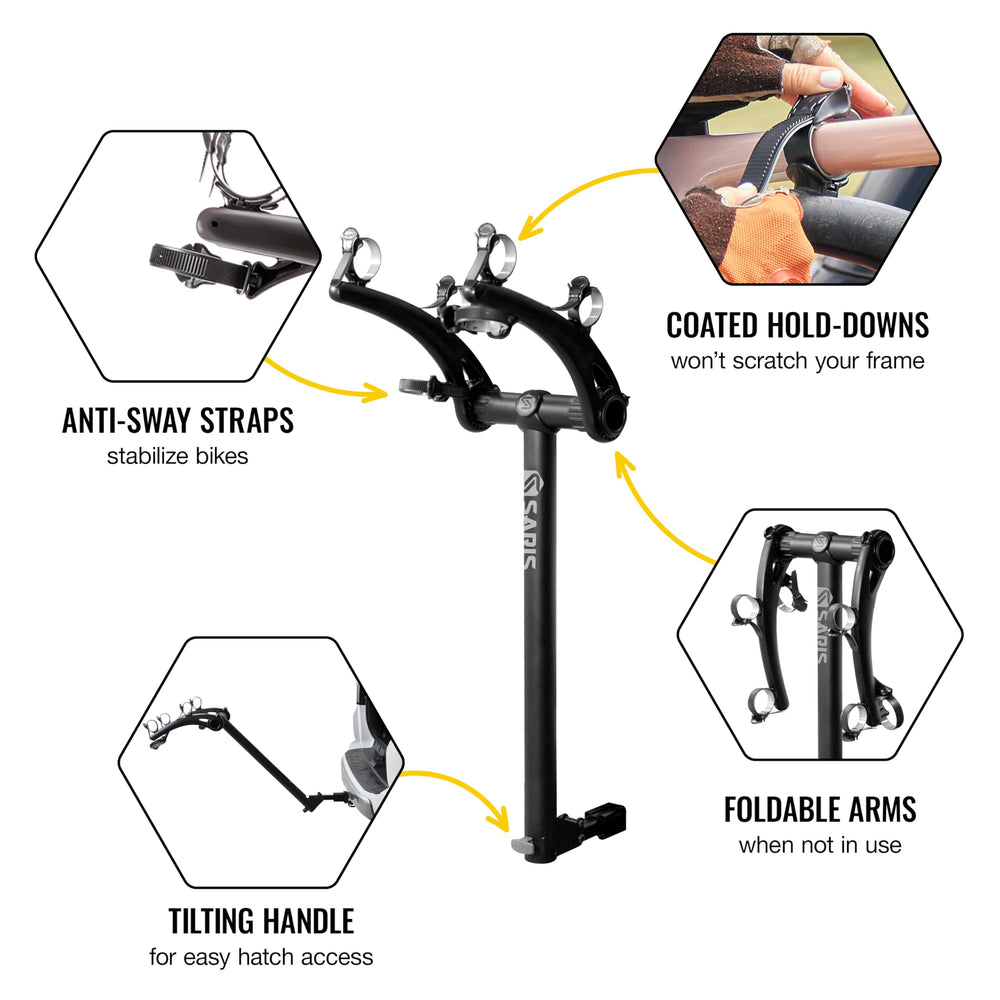Saris Bones 2-Bike Hitch Rack trunk-access design for reaching gear with bikes loaded.