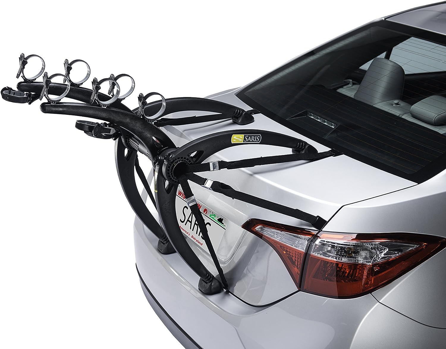 Saris Bones 3-Bike Trunk Rack arc design over spoiler for secure transport