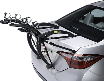 Saris Bones 3-Bike Trunk Rack arc design over spoiler for secure transport