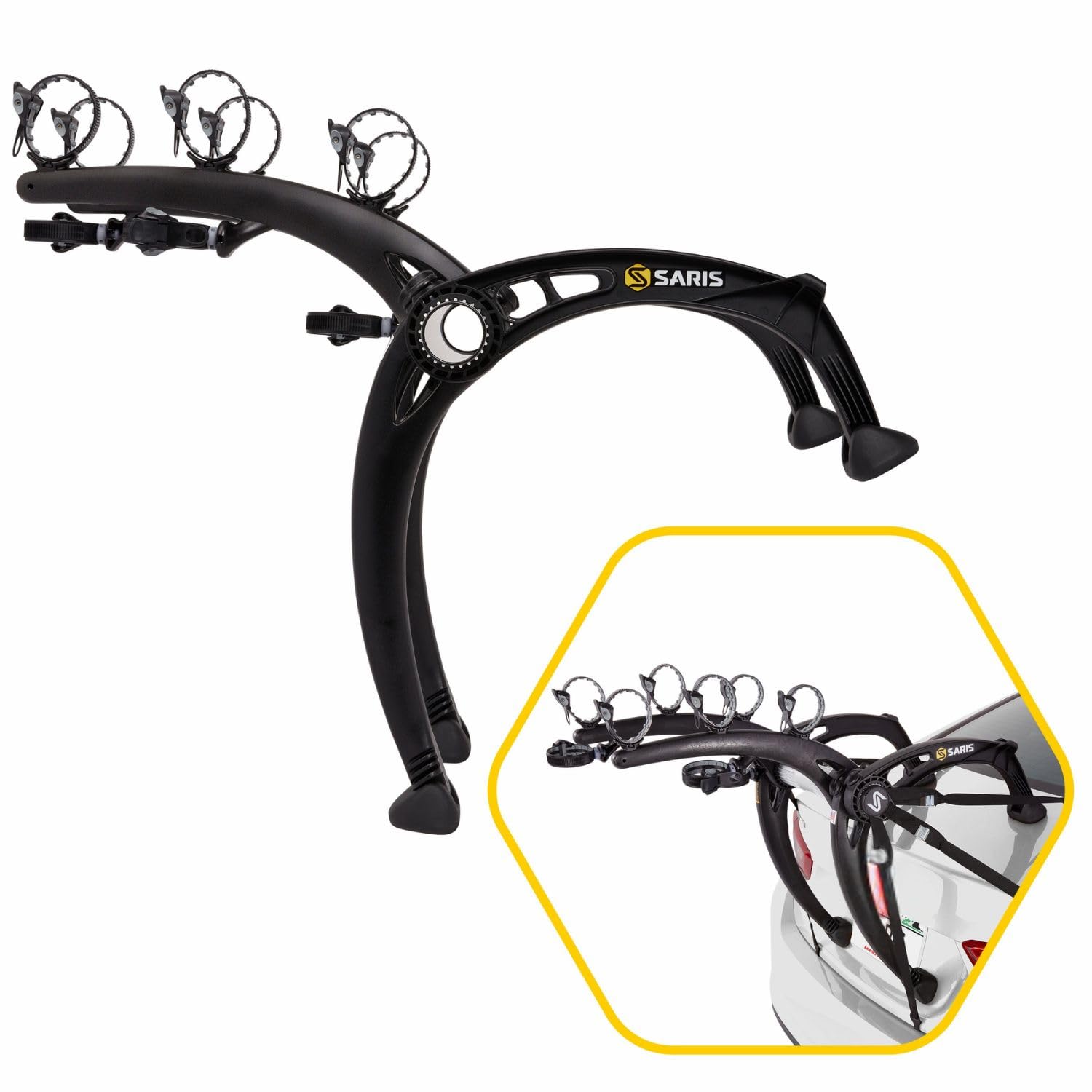 Saris Bones EX arc-based design secures bikes on separate levels for stability.