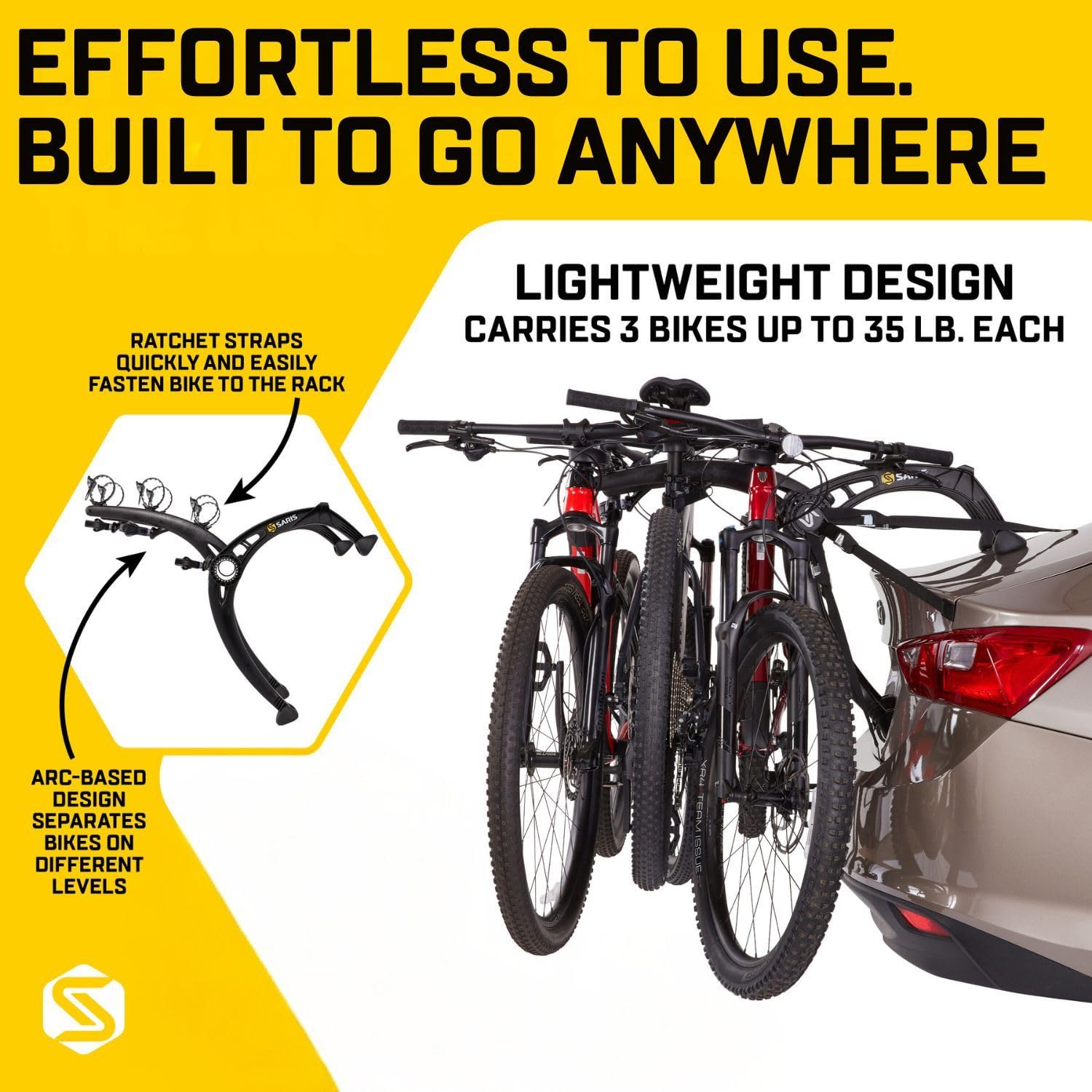 Saris Bones EX injection-molded arms resist rust for durability.