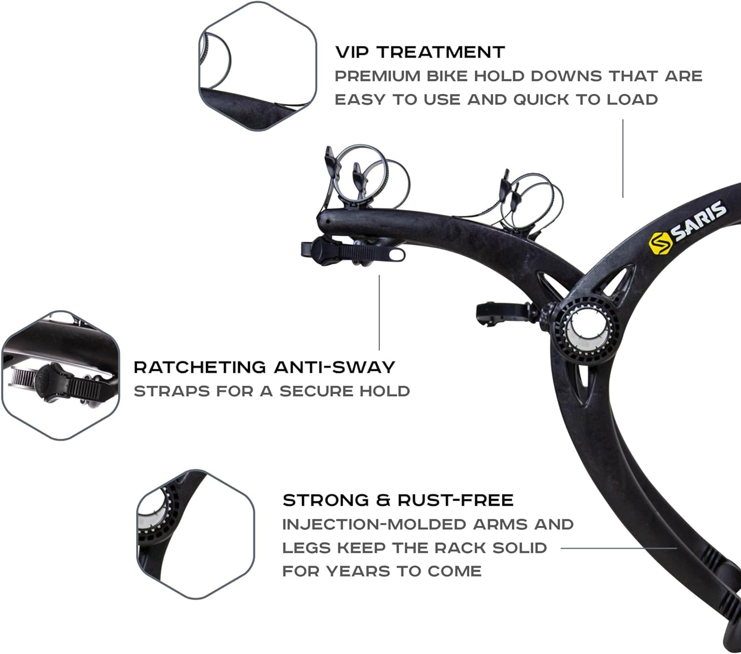 Saris Bones trunk rack anti-sway straps securing two bikes during transit.