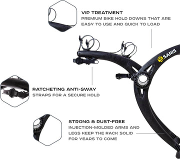 Saris Bones trunk rack anti-sway straps securing two bikes during transit.