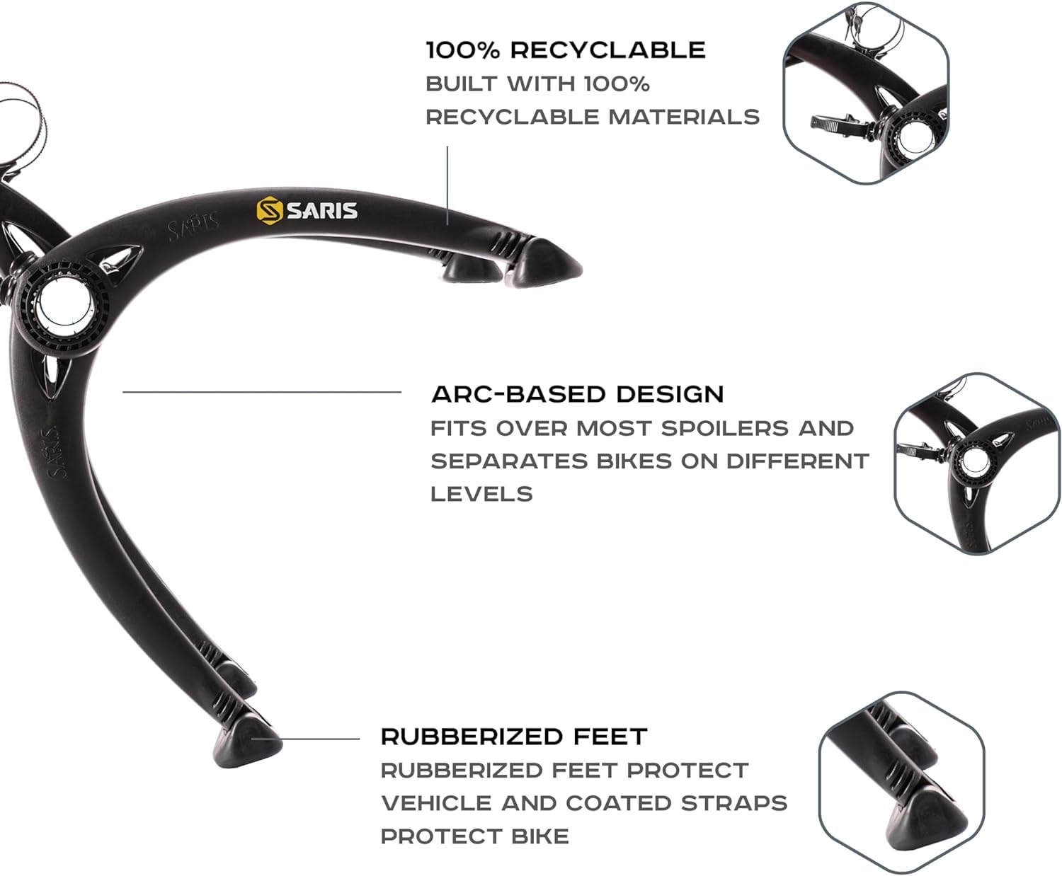 Saris Bones trunk rack arc-based design separates bikes on different levels.