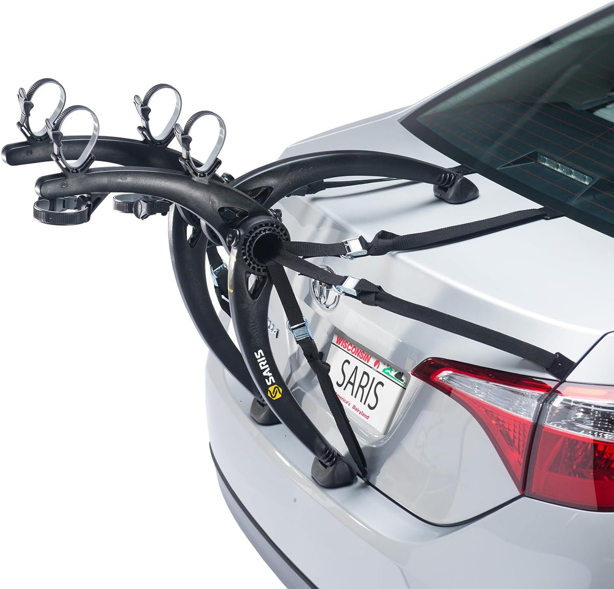 Saris Bones trunk rack installed on car showing secure bike transport.
