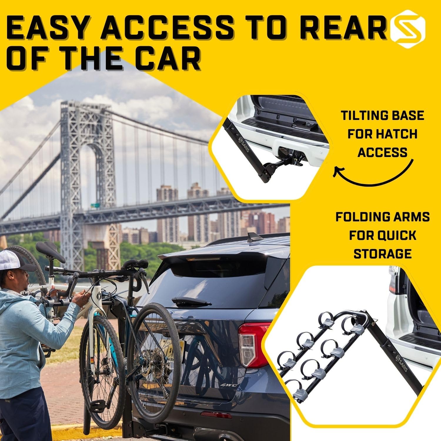Saris Grand Slam ratcheting hold-downs keep bikes secure during transit.