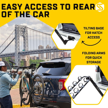 Saris Grand Slam ratcheting hold-downs keep bikes secure during transit.