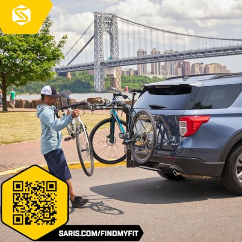 Saris Grand Slam tilting base enables rear hatch access without unloading bikes.