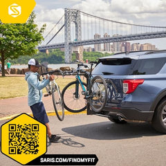 Saris Grand Slam tilting base enables rear hatch access without unloading bikes.