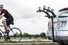 Saris hitch adapter installed on a rack, showing compatibility with current Saris systems
