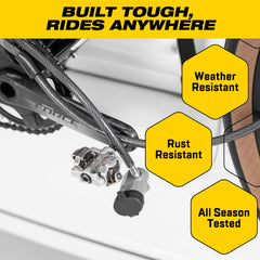 Included lock loop shown locking bikes to the vehicle.