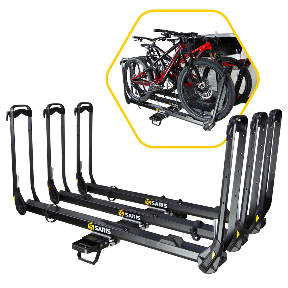 Saris MHS modular hitch system showing flexible bike carrier for vehicles
