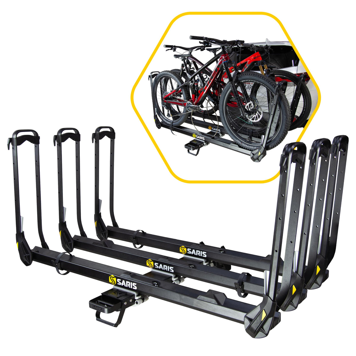 Saris MHS modular hitch system showing flexible bike carrier for vehicles