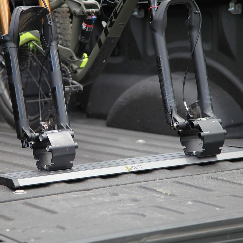 Saris Thru Axle Traps close-up showing sturdy fork mount design.