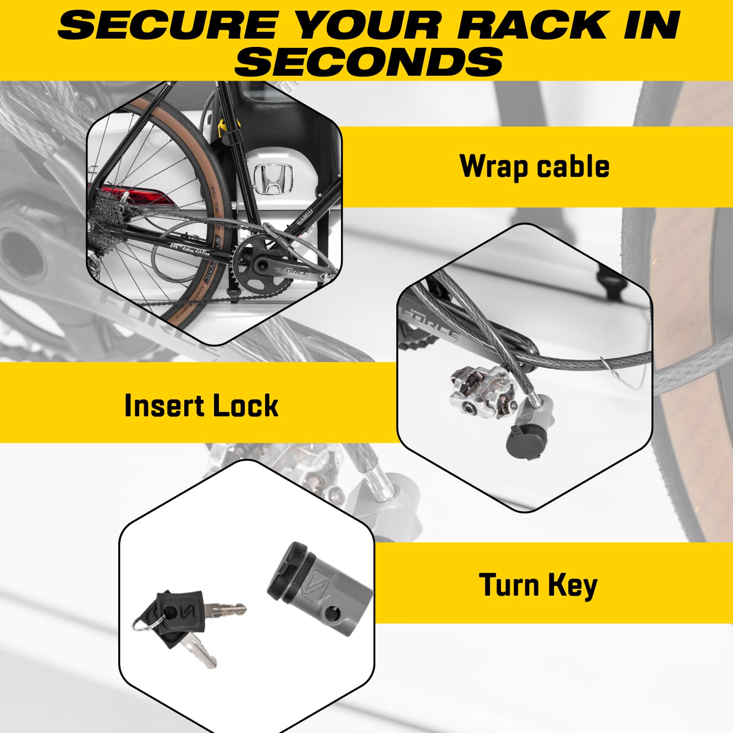 Vinyl-coated cable protecting car finish and bicycle during transit.