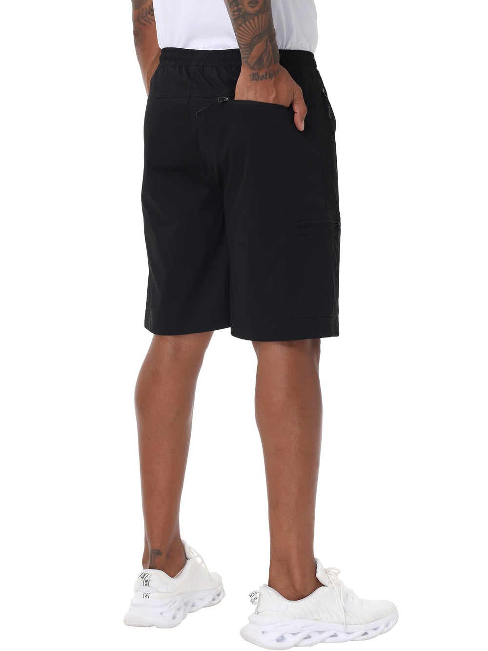 Satankud men's cargo hiking shorts back pocket close-up with secure zip in black