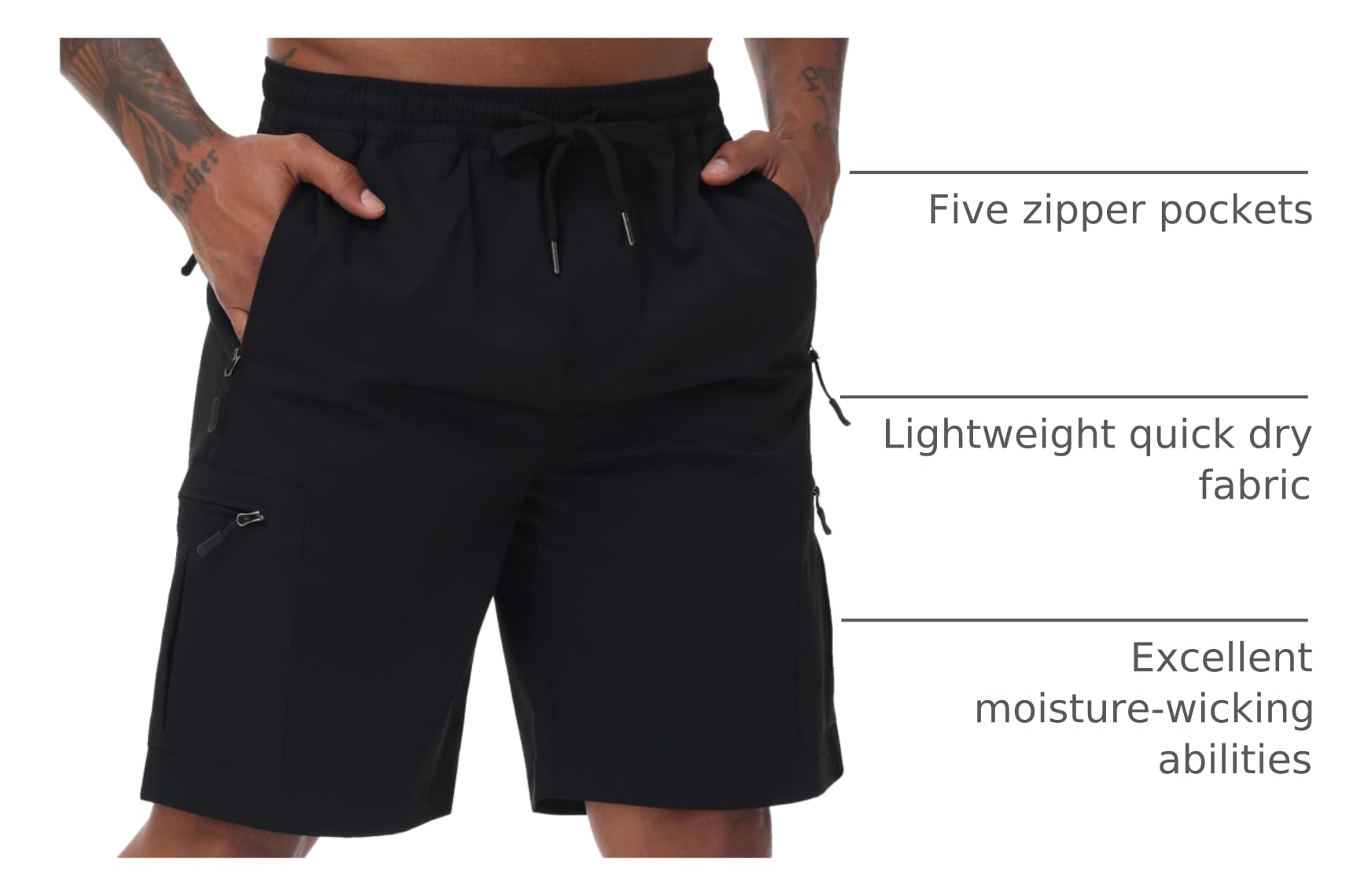 Satankud men's cargo hiking shorts elastic waistband with drawstring in action in black