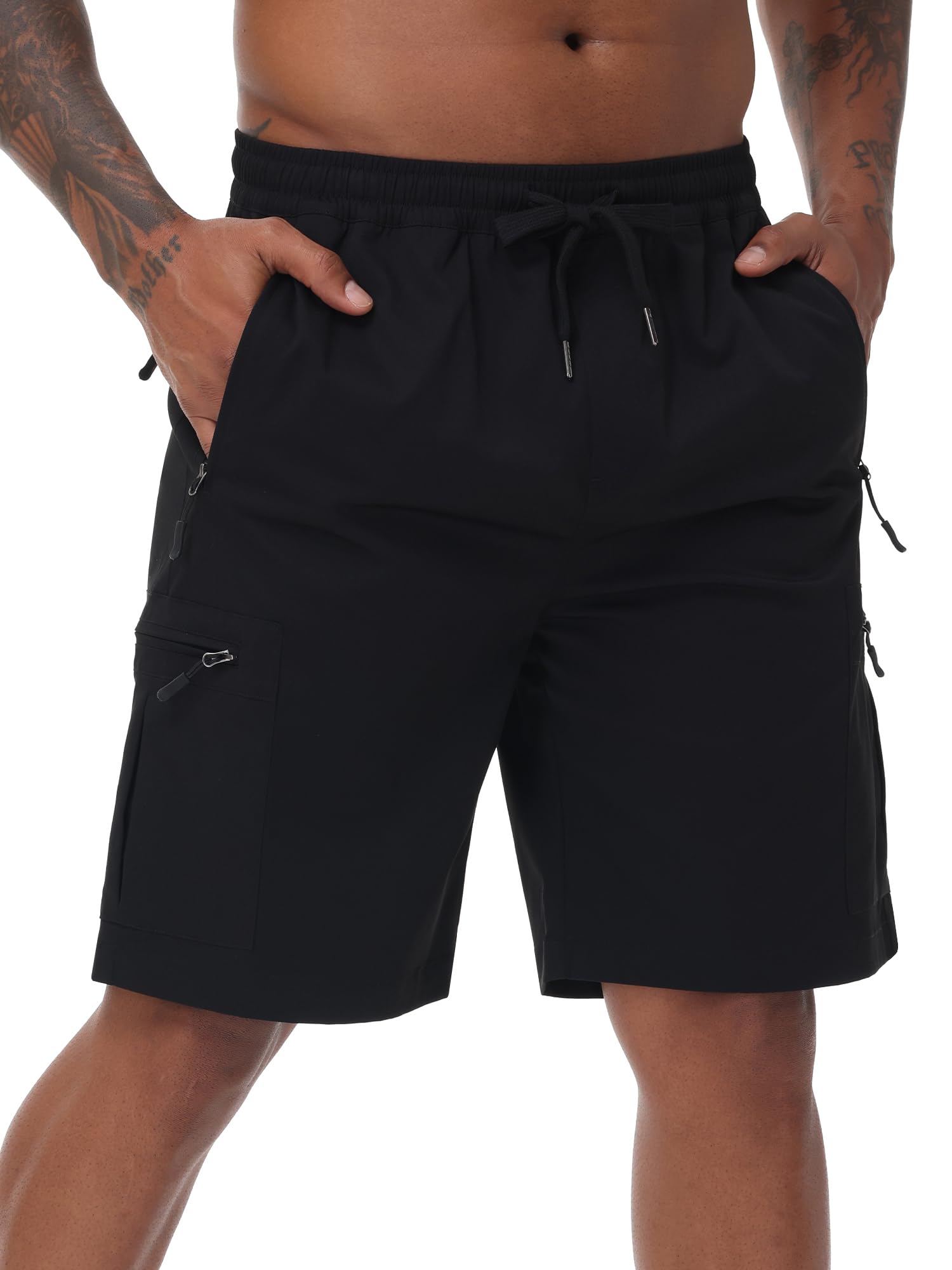 Satankud men's cargo hiking shorts front view in black showing five pockets for secure essentials