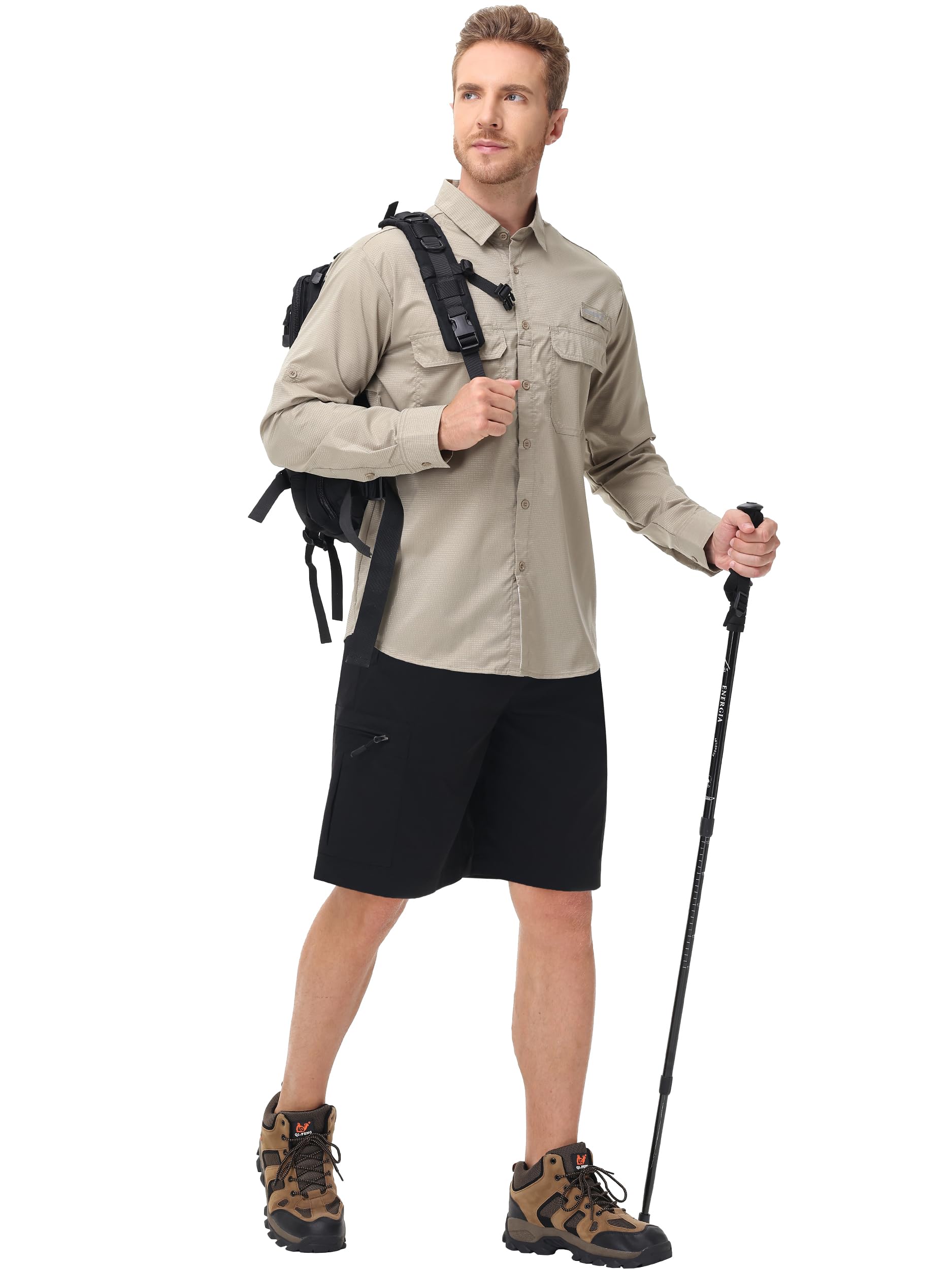 Satankud men's cargo hiking shorts in action on travel and trail in black