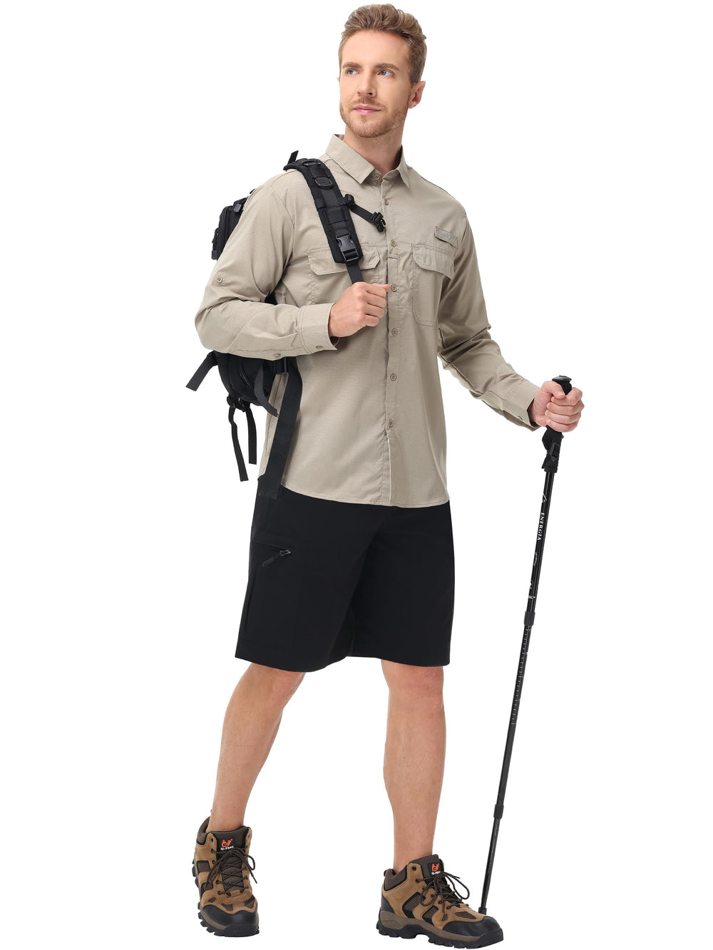 Satankud men's cargo hiking shorts in action on travel and trail in black