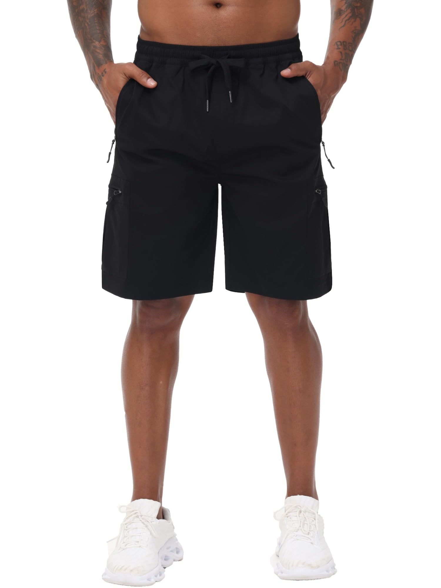 Satankud men's cargo hiking shorts pocket usage in black with organized storage on trails