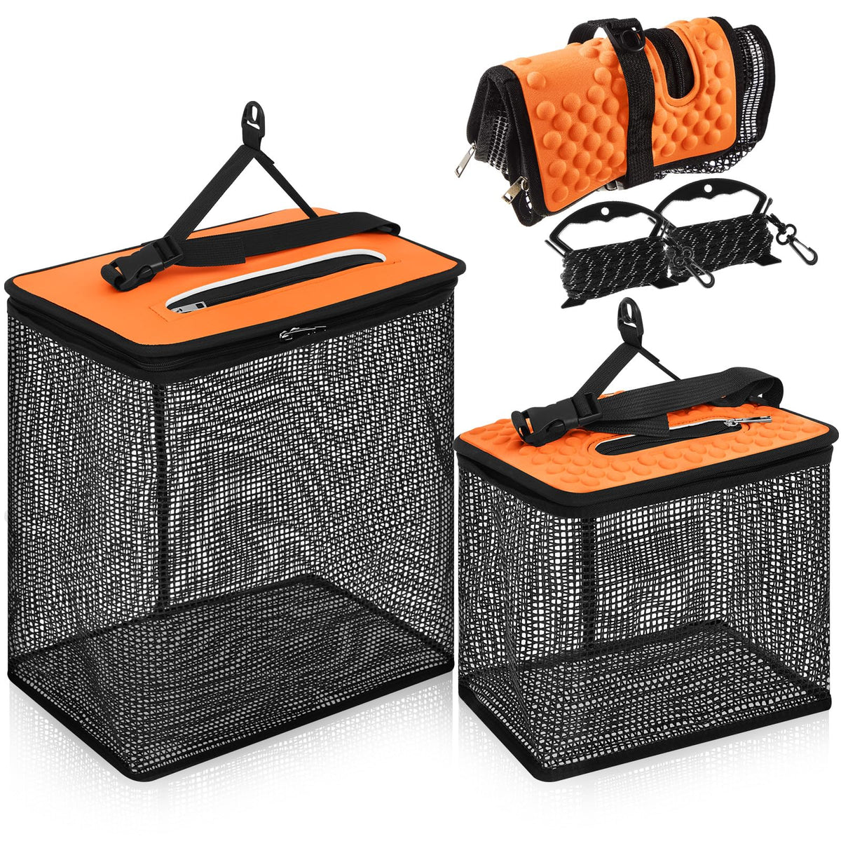 Orange SATINIOR large 10 gallon floating fishing basket with dimensions 15.5 x 9.7 x 14.5 inches