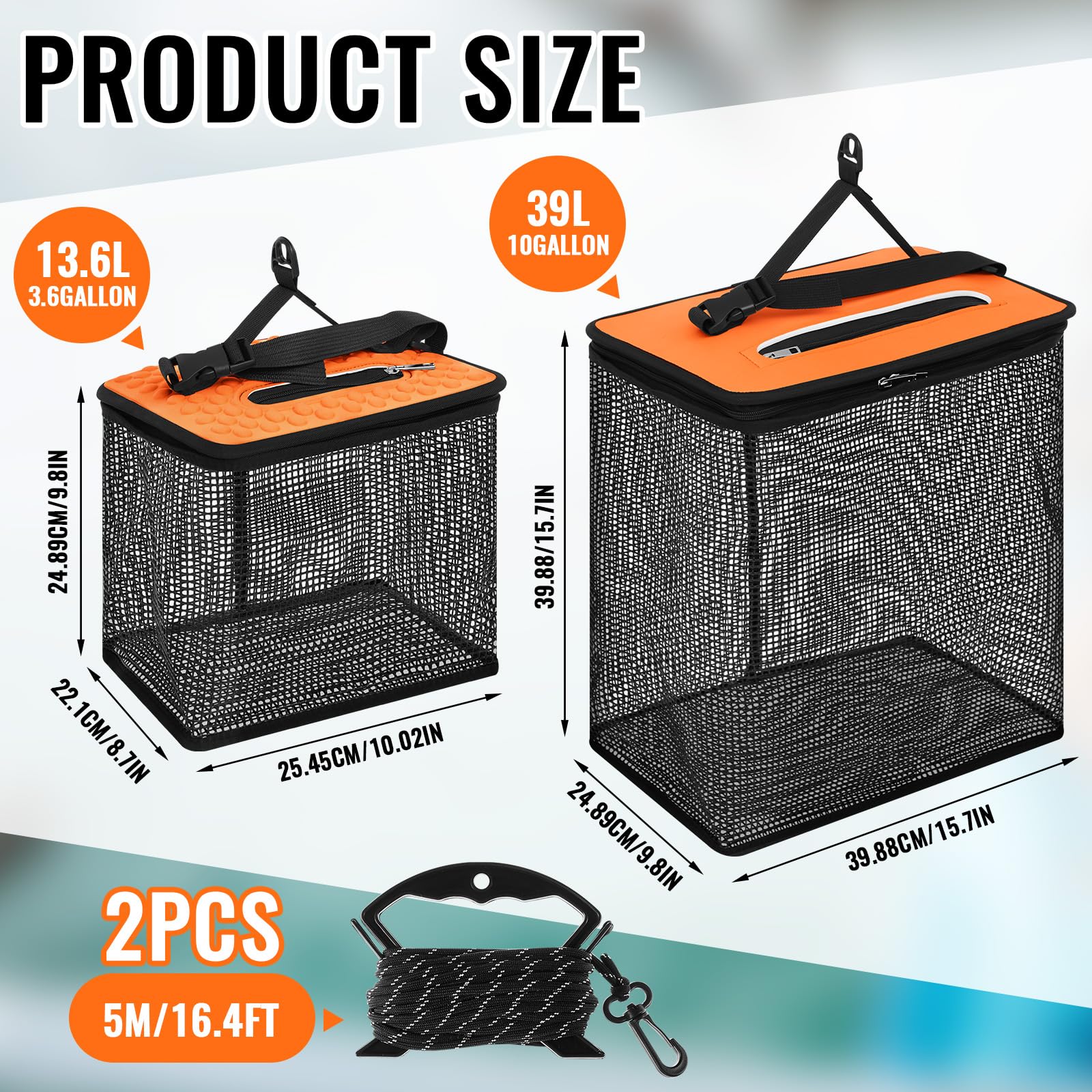 Orange SATINIOR small 3.5 gallon floating fishing basket with dimensions 11 x 8.5 x 9 inches