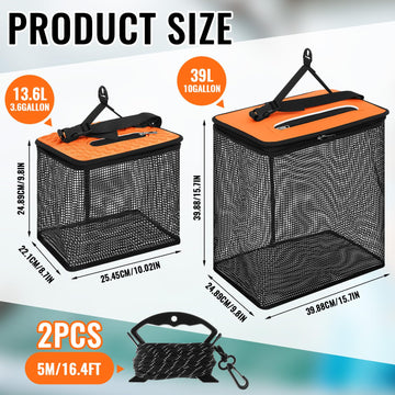 Orange SATINIOR small 3.5 gallon floating fishing basket with dimensions 11 x 8.5 x 9 inches