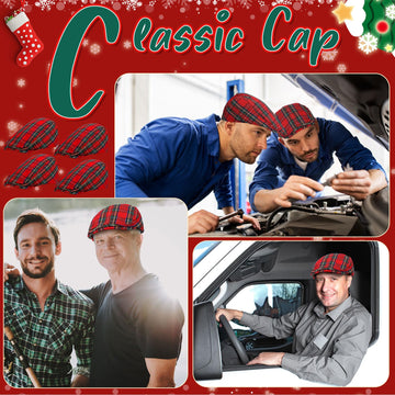 Lifestyle shot: man wearing red plaid newsboy cap
