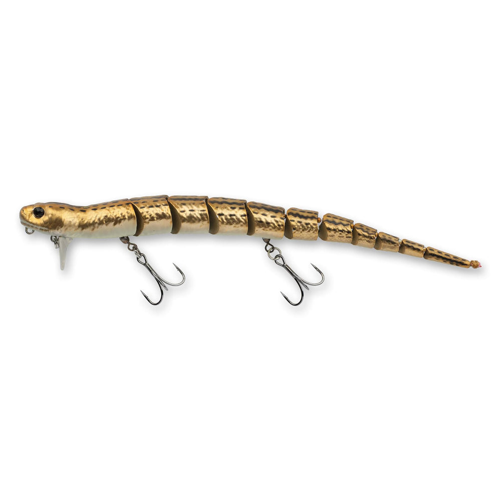 Savage Gear 3D Wake Snake bait in brown chrome, top view highlights lifelike topwater realism.