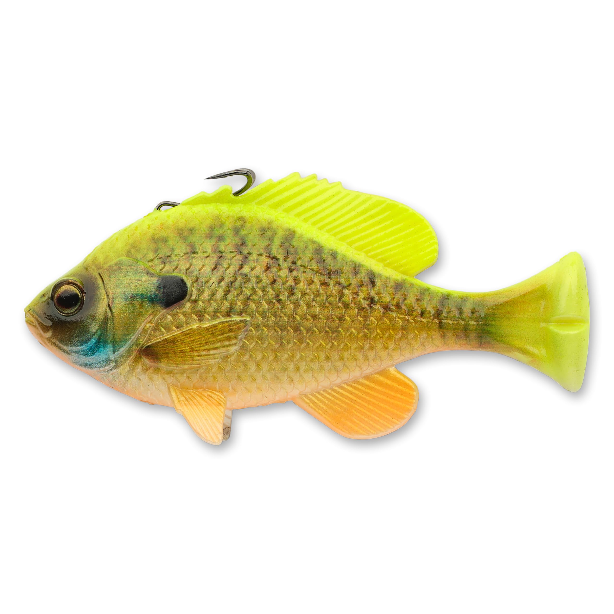 Savage Gear Pulse Tail Bluegill line-thru bait with chartreuse Gill detail for lifelike attraction.
