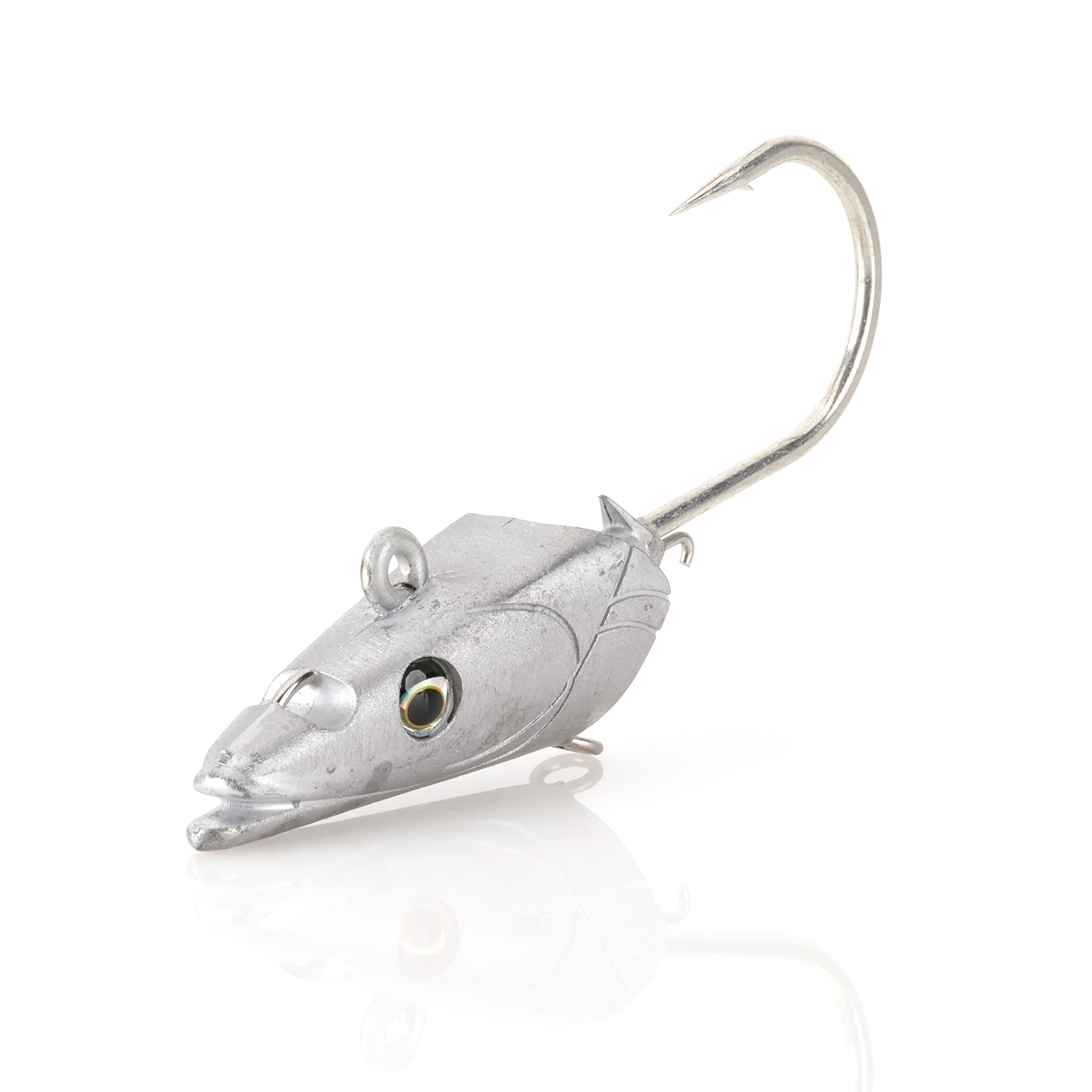Savage Gear Sandeel Jig Head close-up with unpainted finish and realistic eyes to entice strikes.