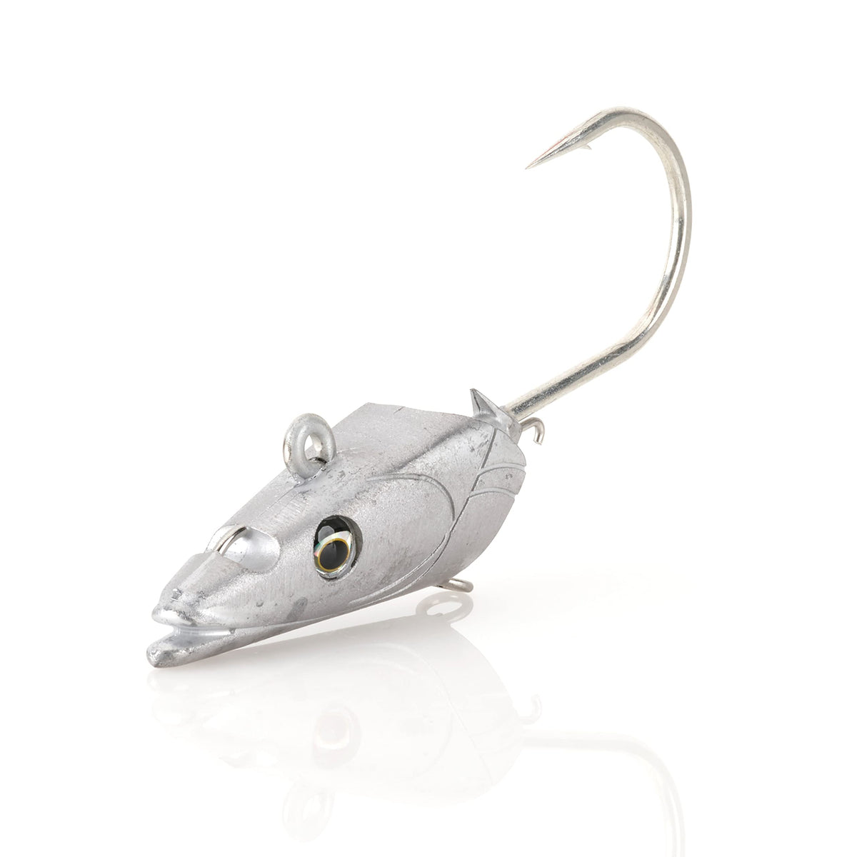Savage Gear Sandeel Jig Head close-up with unpainted finish and realistic eyes to entice strikes.