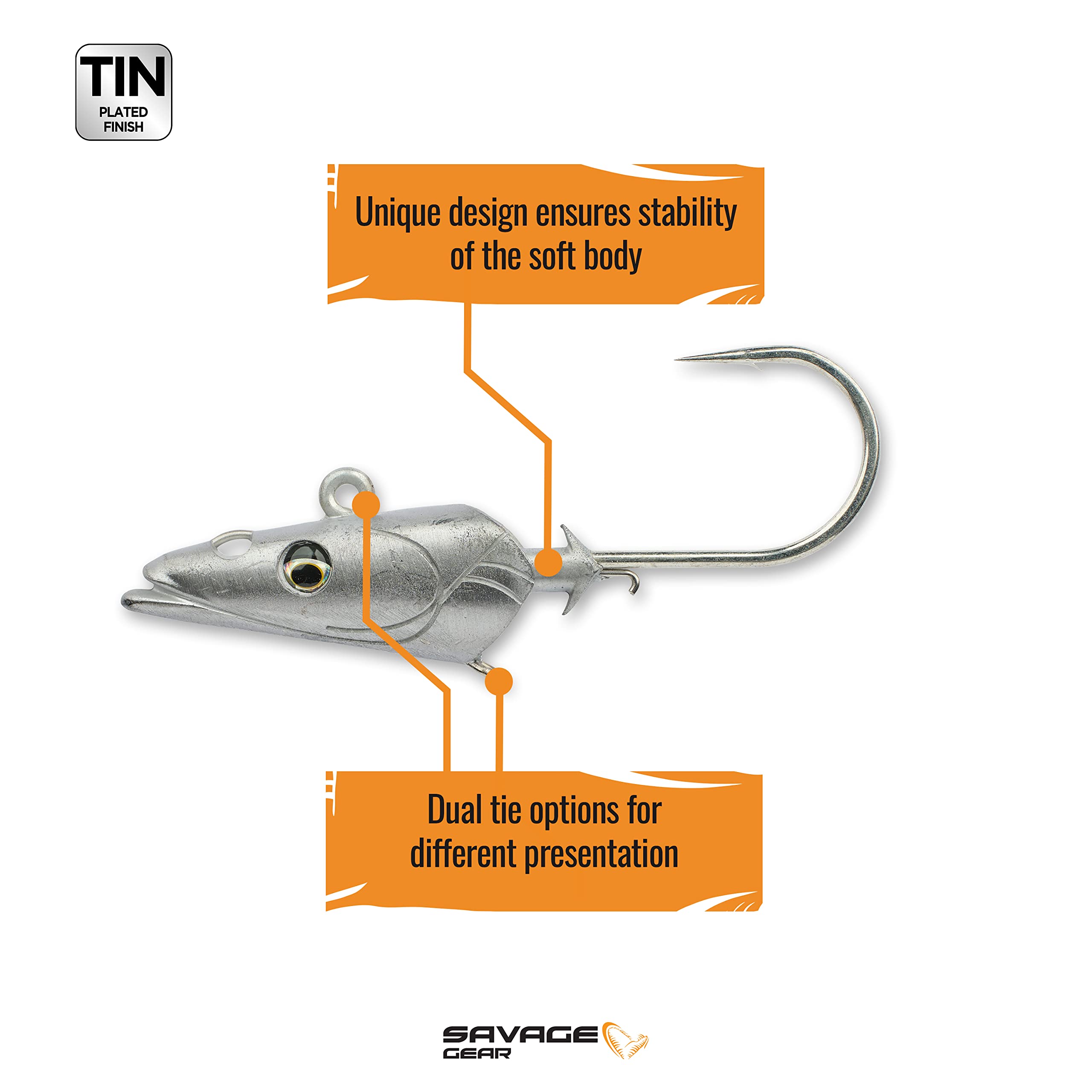 Savage Gear Sandeel Jig Head hook detail highlighting ultra-sharp Japanese-forged hooks.