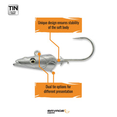 Savage Gear Sandeel Jig Head hook detail highlighting ultra-sharp Japanese-forged hooks.