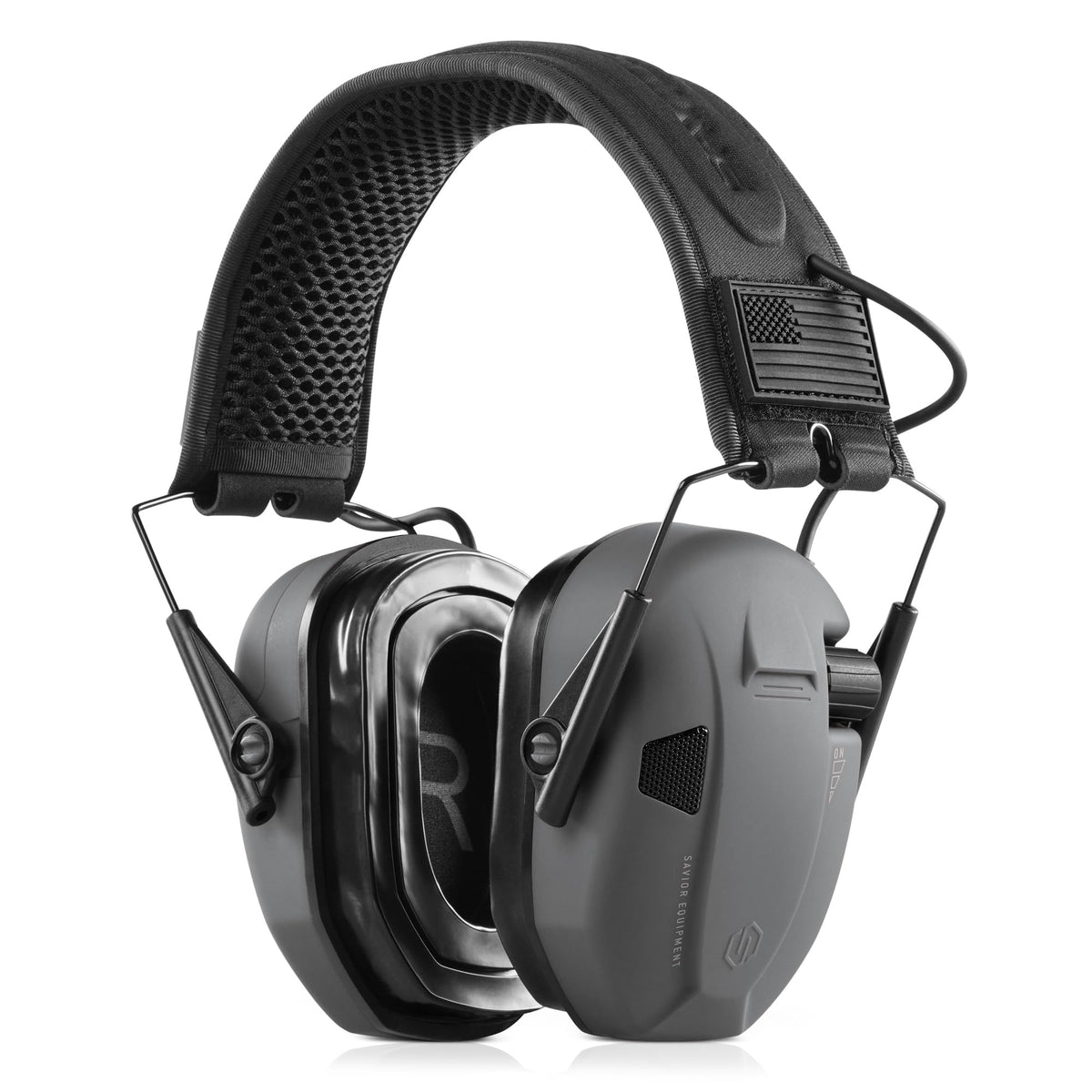 Savior Equipment Apollo ear muffs hard-shell close-up shows durable protection for shooting sessions.