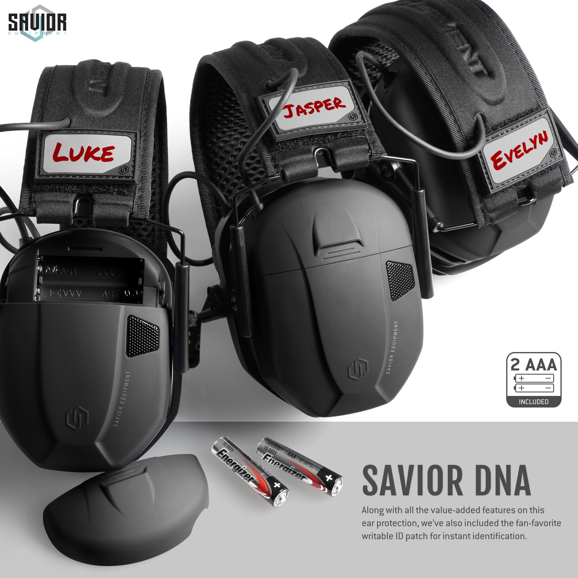 Savior Equipment Apollo earmuffs writable ID patch and flag patch included for easy personalization.