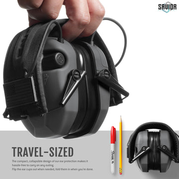 Savior Equipment Apollo ear muffs in use with range setup, showcasing situational awareness.