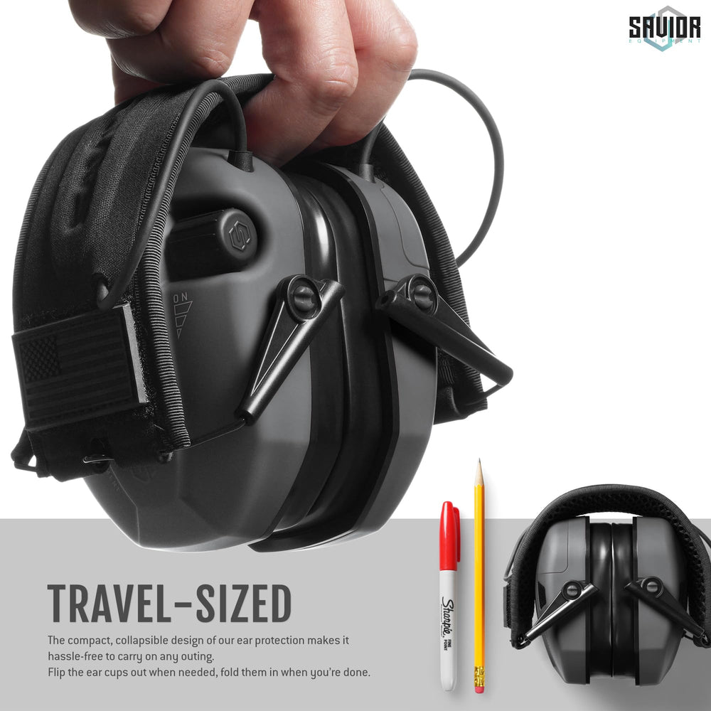 Savior Equipment Apollo ear muffs in use with range setup, showcasing situational awareness.