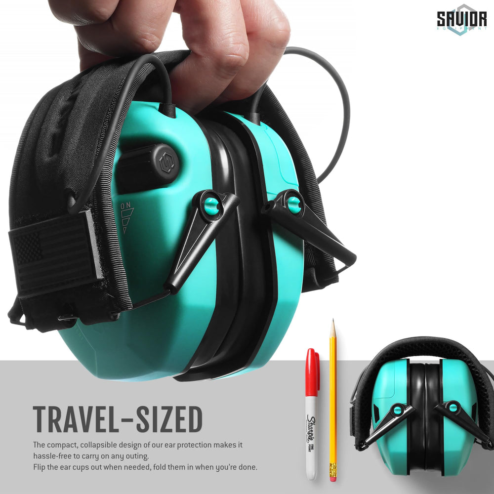 Savior Equipment Apollo earmuffs teal on/off knob enables quick volume adjustments