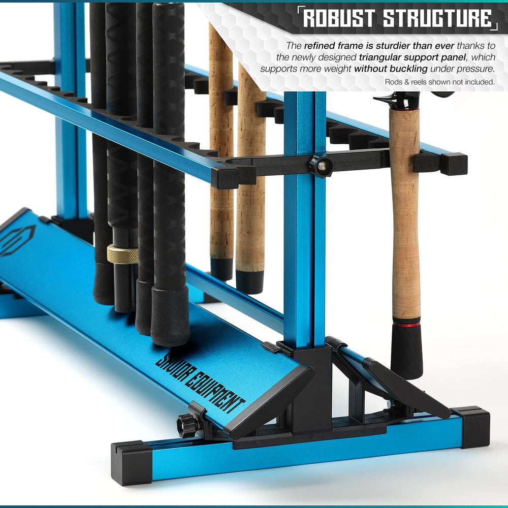 Savior Equipment blue finish rod rack adds visibility and easy workspace organization.