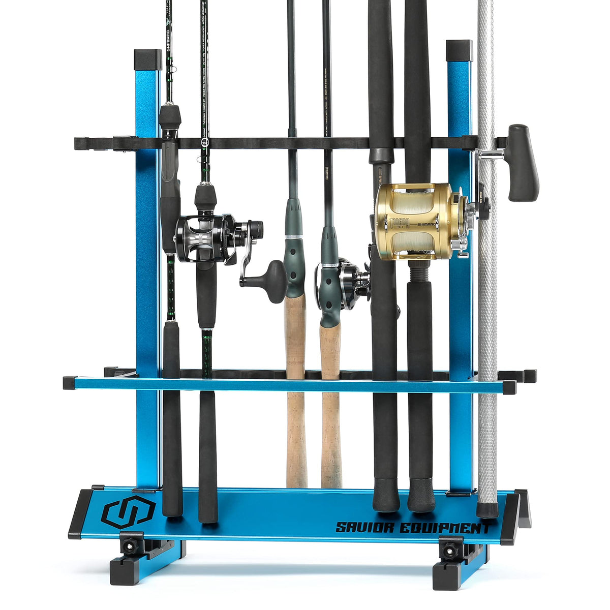 Savior Equipment fishing rod rack assembly shows easy tool-free setup for garage organization.