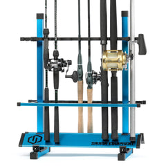 Savior Equipment fishing rod rack assembly shows easy tool-free setup for garage organization.