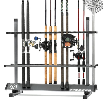 Savior Equipment fishing rod rack gray front view with organized slots