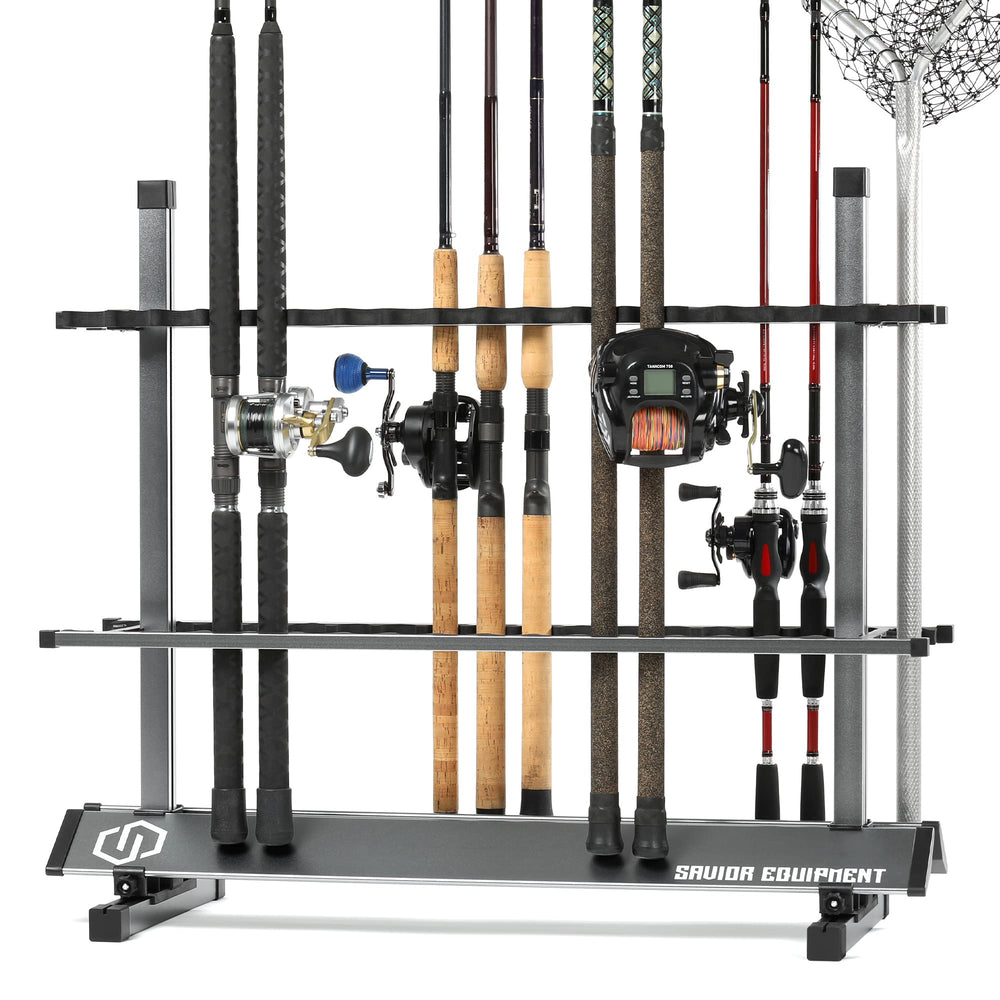 Savior Equipment fishing rod rack gray front view with organized slots