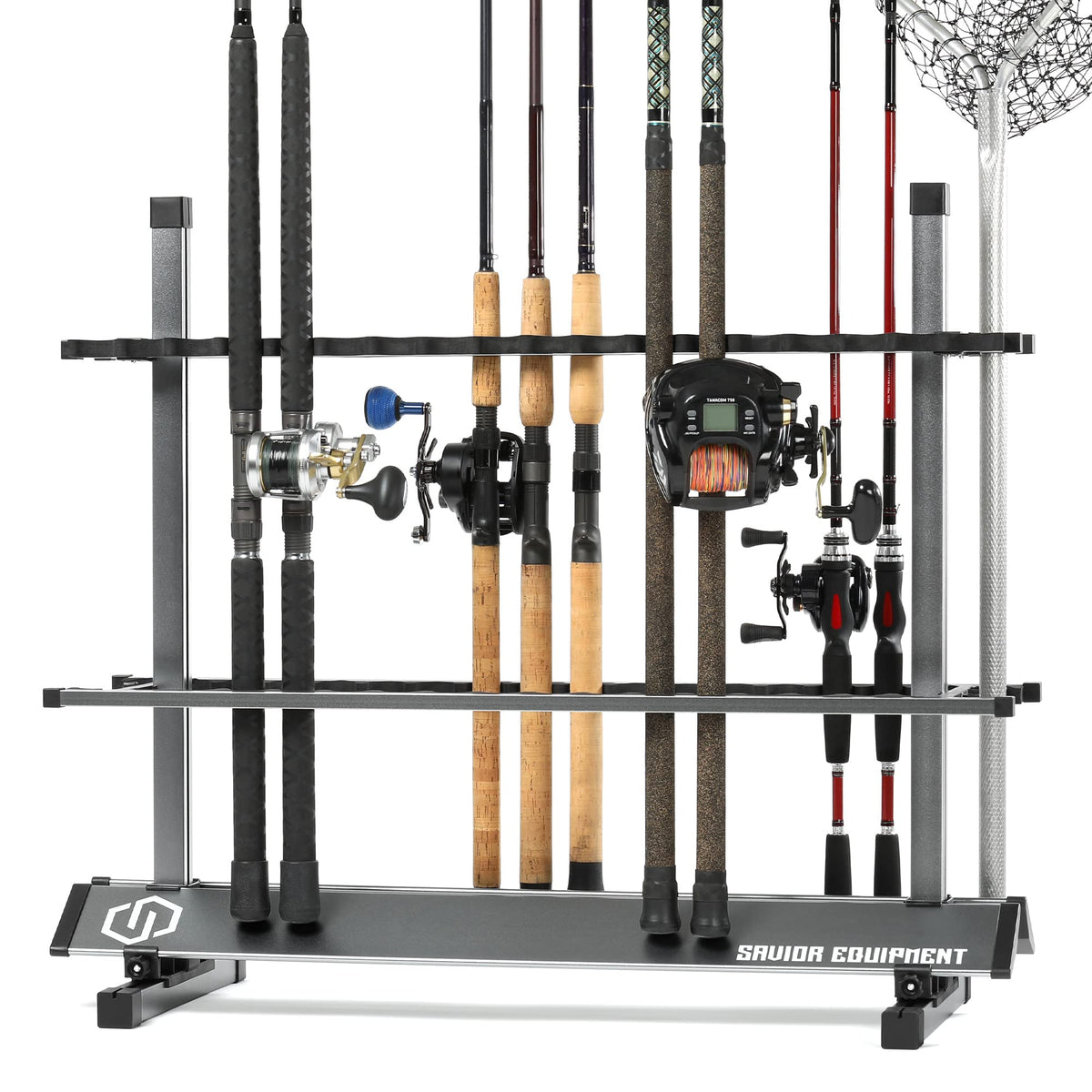 Savior Equipment fishing rod rack gray front view with organized slots