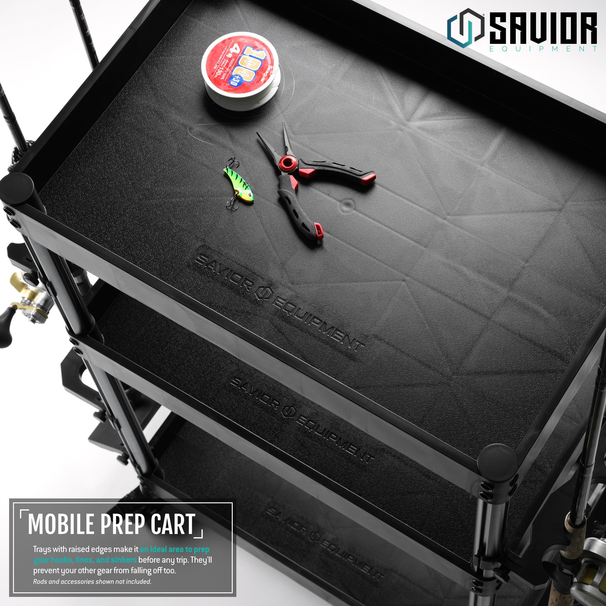 Savior Equipment Mobile Tackle Station out-of-box assembly shows quick setup with included hardware.