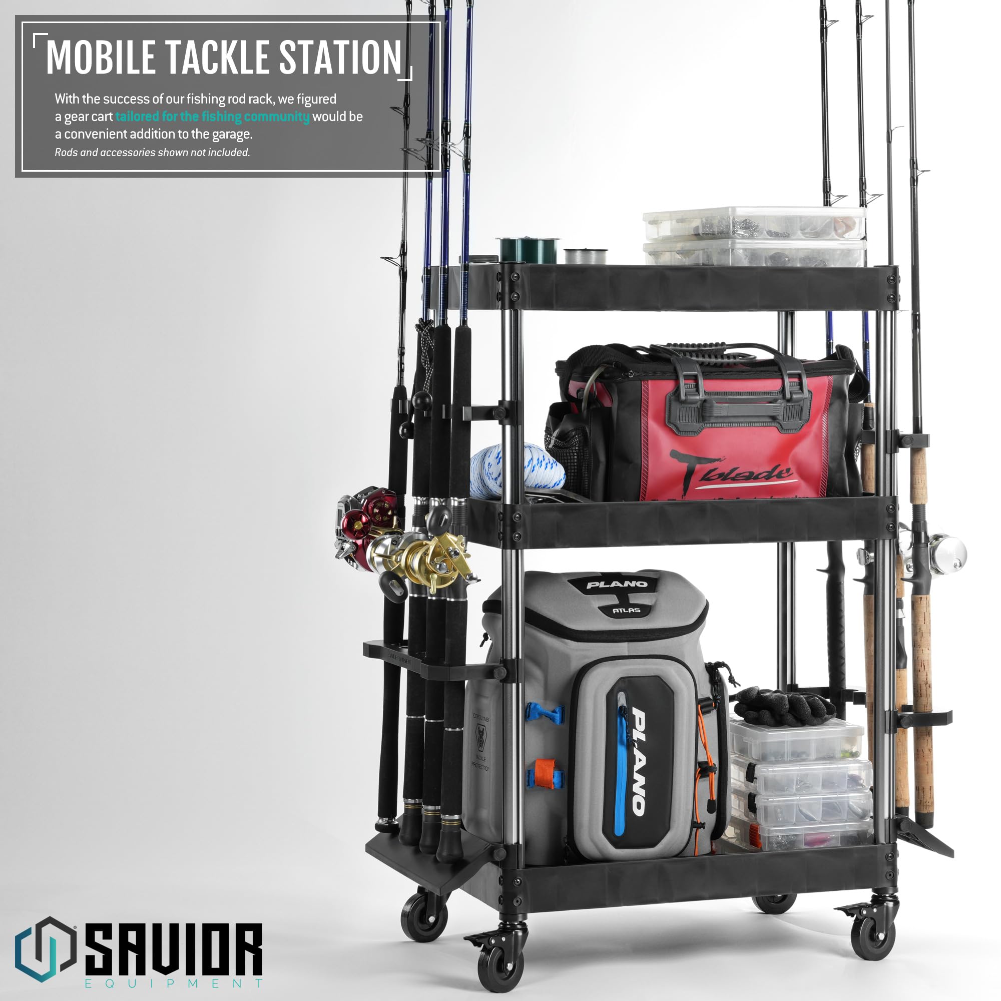 Savior Equipment Mobile Tackle Station 16-rod cart rear view highlights accessible storage.