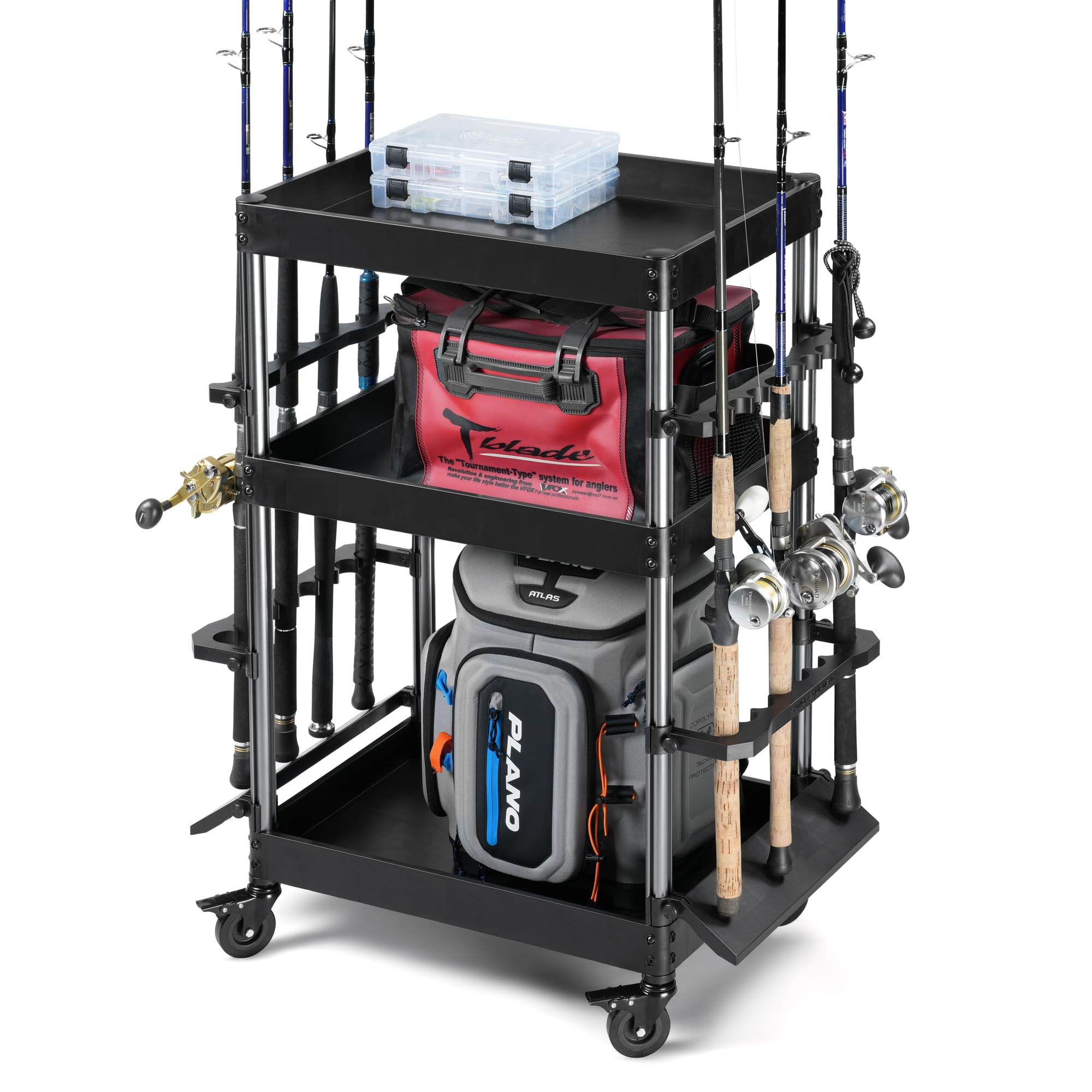 Savior Equipment Mobile Tackle Station 16-rod cart side view demonstrates organized gear for easy prep.