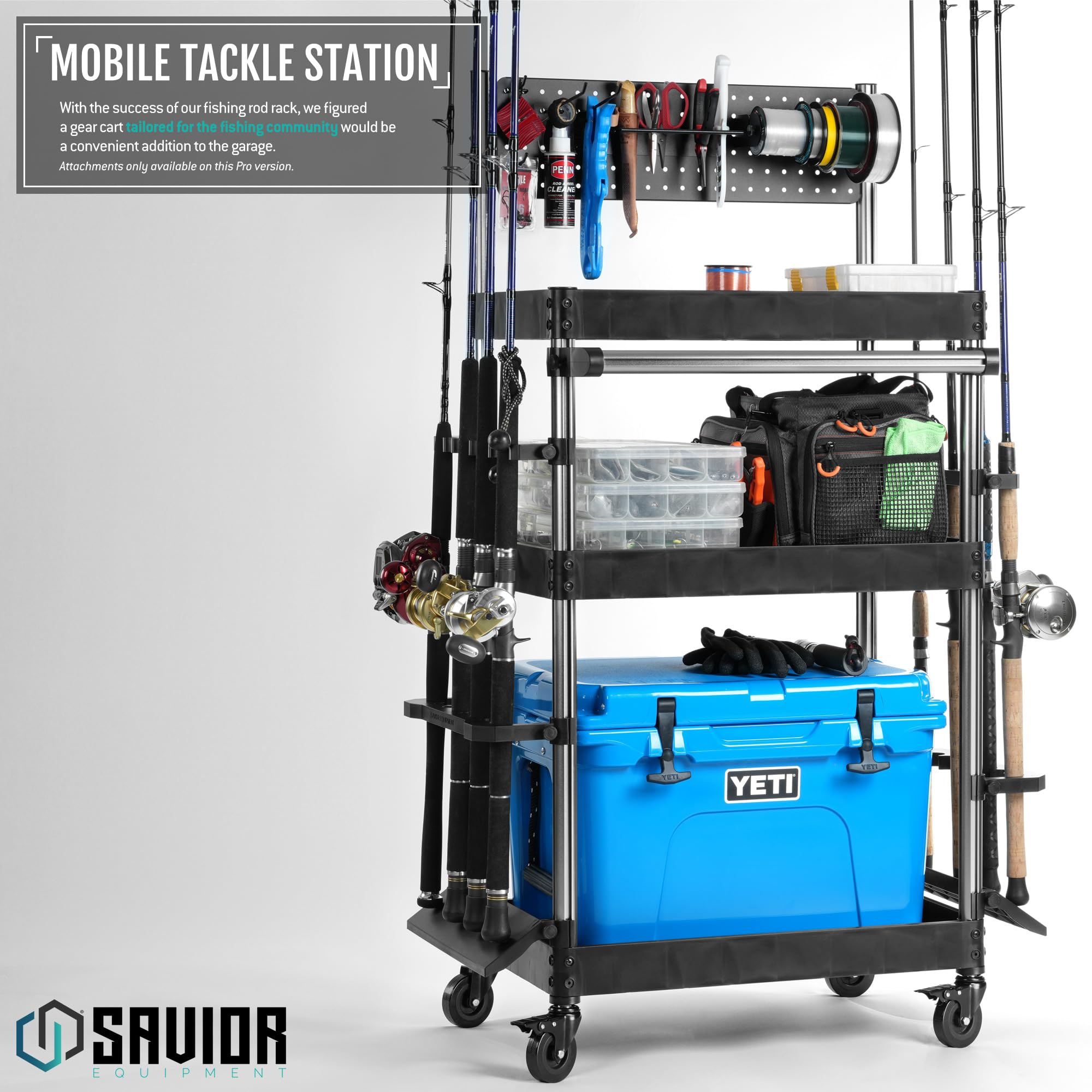 Savior Equipment Mobile Tackle Station with 16 rod slots ensures safe storage of multiple rods.